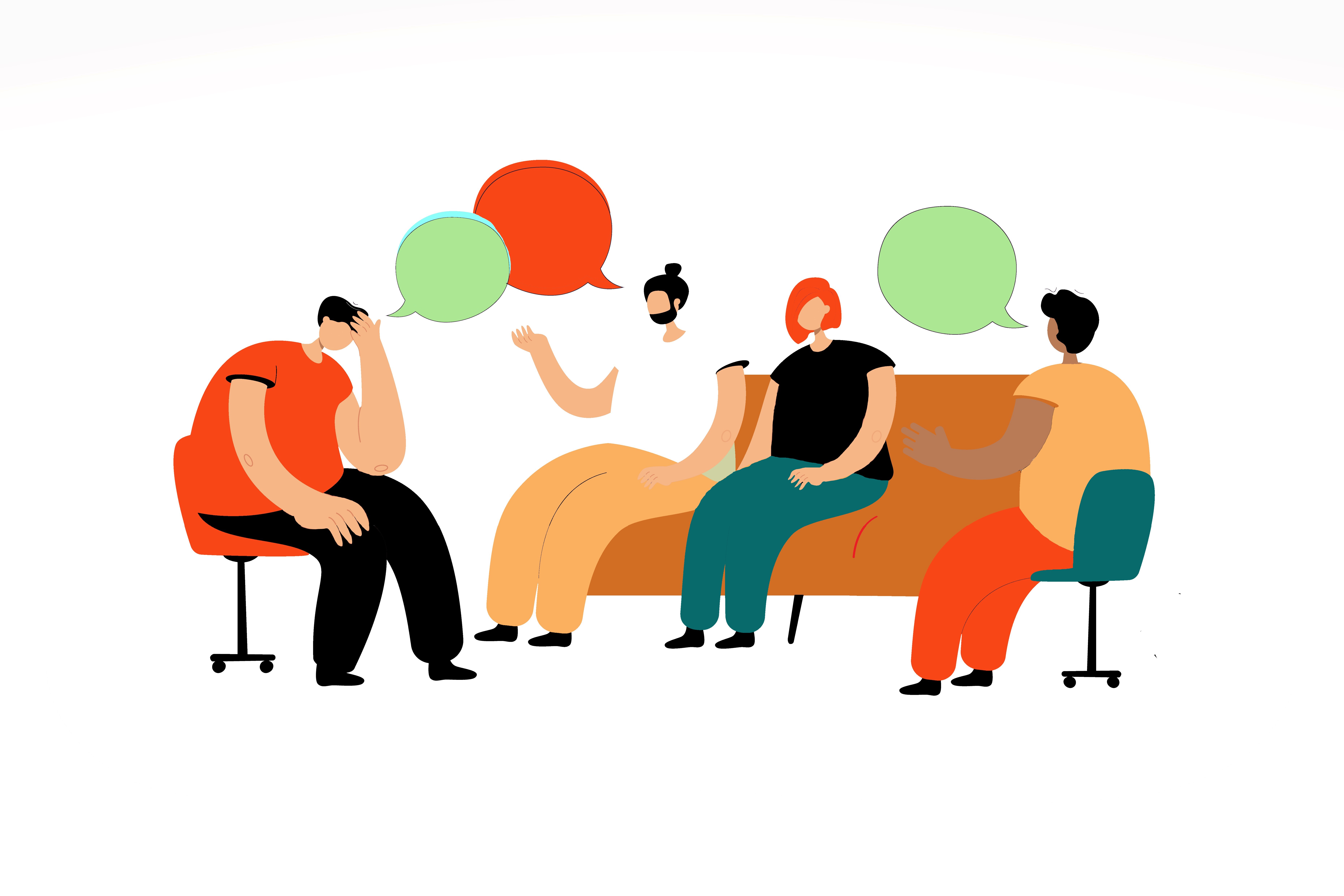 Sur cette illustration il y un groupe de personnes qui discutent dans un canapé et dans des fauteuils.